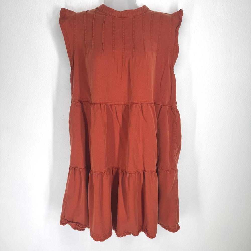 Velvet Heart Rust Orange Tiered Boho Mini Dress Pintuck Ruffle Sleeveless Size L